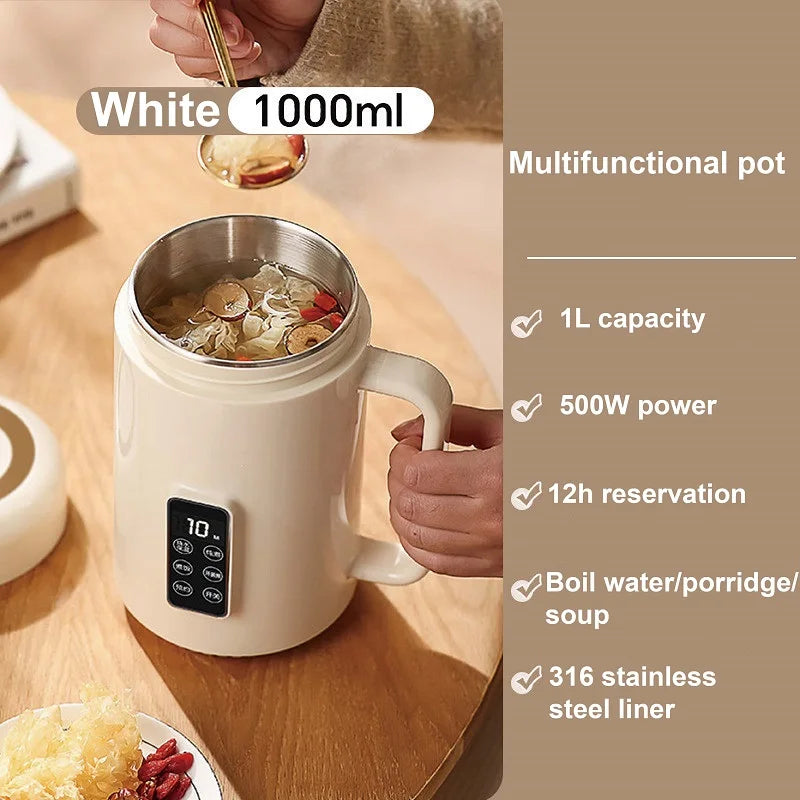 Bouilloire électrique 500W 12h, Pot spécial pour bouillie de rendez-vous, tasse de santé Portable en acier inoxydable 304, cuiseur à riz multifonctionnel 1L
