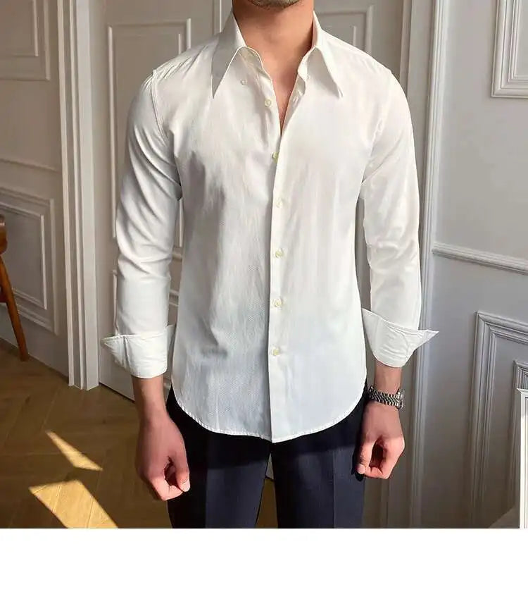 Printemps loisirs britannique affaires chemise Design britannique hommes col Cuba mince solide chemise blanche Camisa Social Masculina hommes chemise