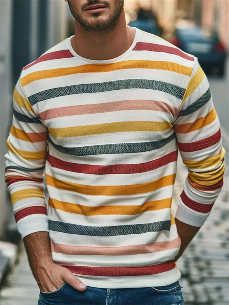 Rétro rayé graphique à manches longues T-shirts pour hommes Simple mode printemps automne 3D imprimé T-shirts décontracté surdimensionné T-shirts hauts