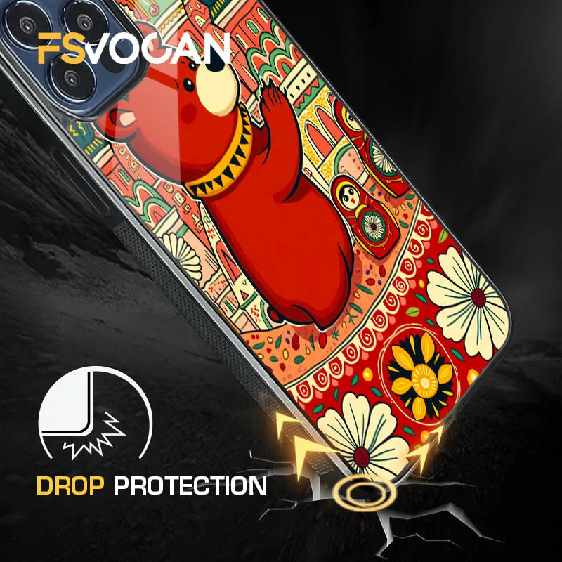 Allure russe pour iPhone 17 16 15 14 13 12 11 18 Pro Max, un ours ludique, dôme orné et poupées Matryoshka en fusion artistique