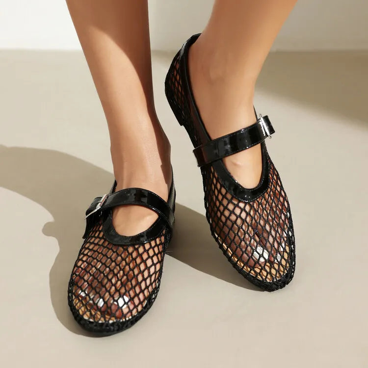 LeShion de Chanmeb marque maille Net ballerines chaussures pour femmes sangle boucle respirant Cool printemps été INS ballerine chaussures 43