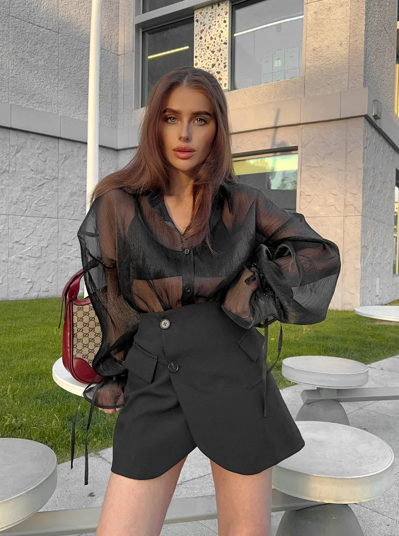 Mumaroho 2024 printemps été femmes élégant à manches longues solide noir maille chemise dames pure mousseline de soie Blouse pour femme femme