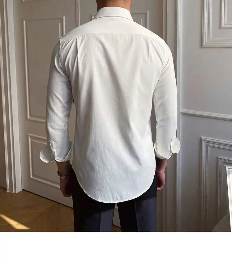 Printemps loisirs britannique affaires chemise Design britannique hommes col Cuba mince solide chemise blanche Camisa Social Masculina hommes chemise