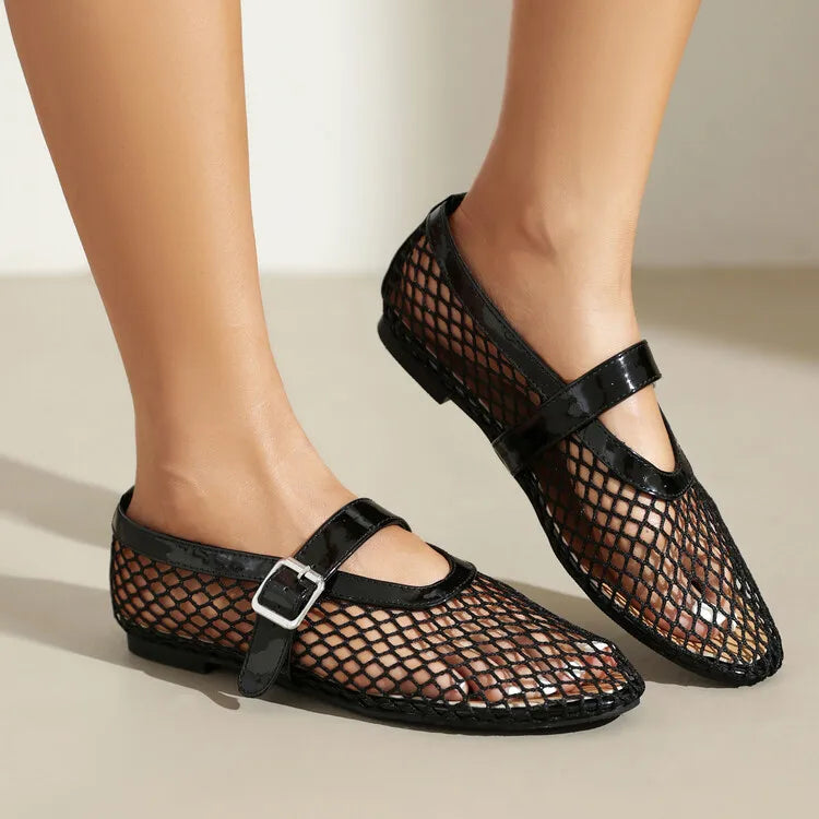 LeShion de Chanmeb marque maille Net ballerines chaussures pour femmes sangle boucle respirant Cool printemps été INS ballerine chaussures 43