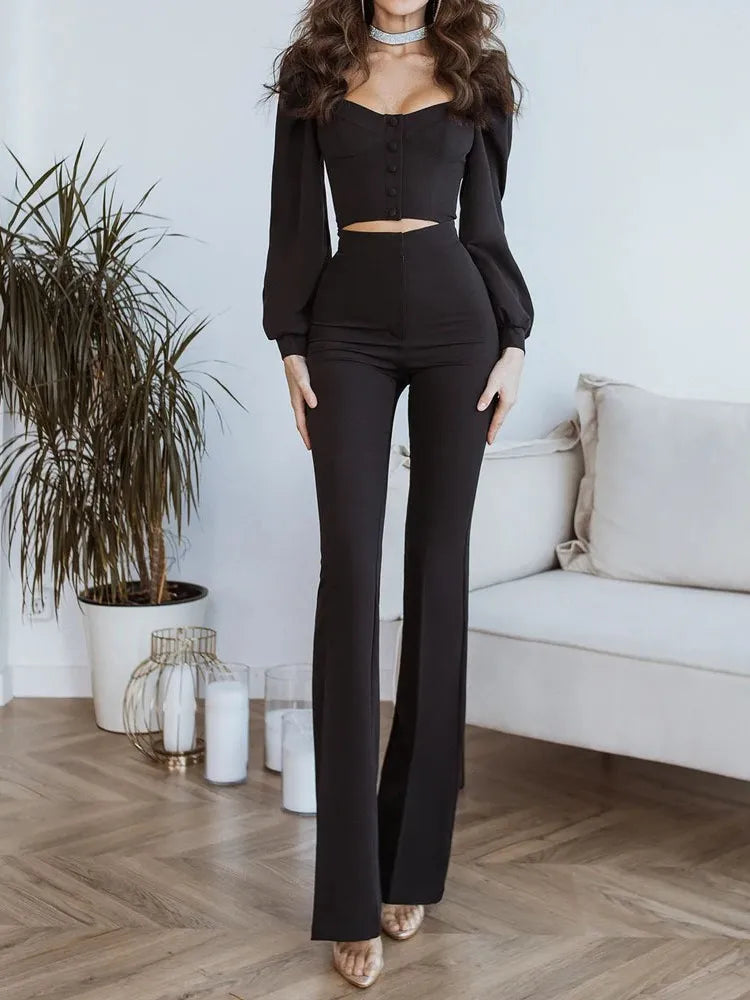 Ensemble haut et pantalon décontracté pour femmes, manches lanternes, manches courtes, épaules dénudées, Sexy, bas de cloche, nouvelle collection printemps automne 2024
