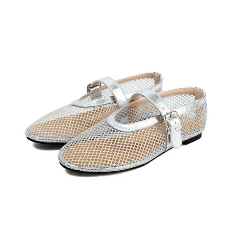 LeShion de Chanmeb marque maille Net ballerines chaussures pour femmes sangle boucle respirant Cool printemps été INS ballerine chaussures 43