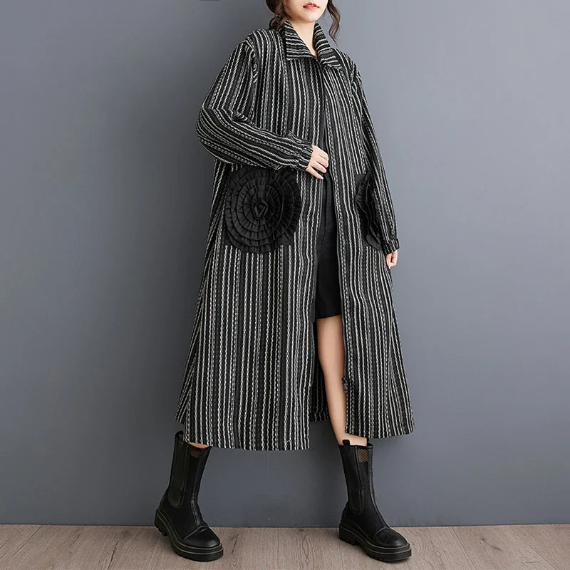 Manteau long à rayures vintage pour femmes, cardigan à fleurs patchwork, décontracté, printemps, automne, 2025