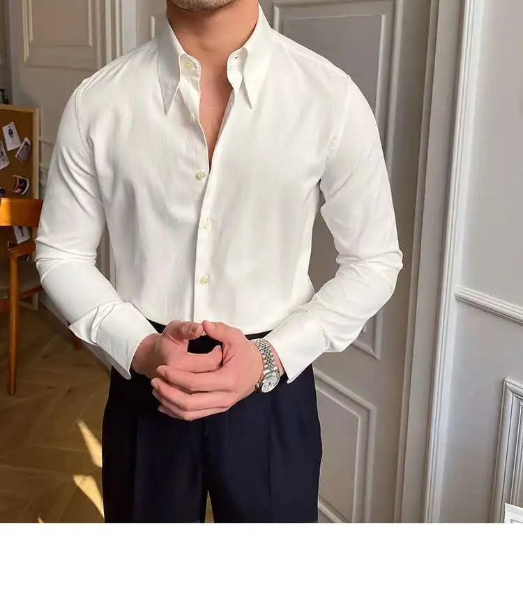 Printemps loisirs britannique affaires chemise Design britannique hommes col Cuba mince solide chemise blanche Camisa Social Masculina hommes chemise