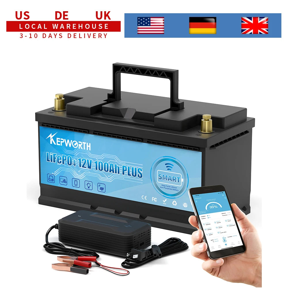 KEPWORTH 12V 100Ah batterie au Lithium fer Phosphate améliorée BMS 6000 Cycles pour camping-car voiturette de Golf tout-terrain hors réseau solaire vent