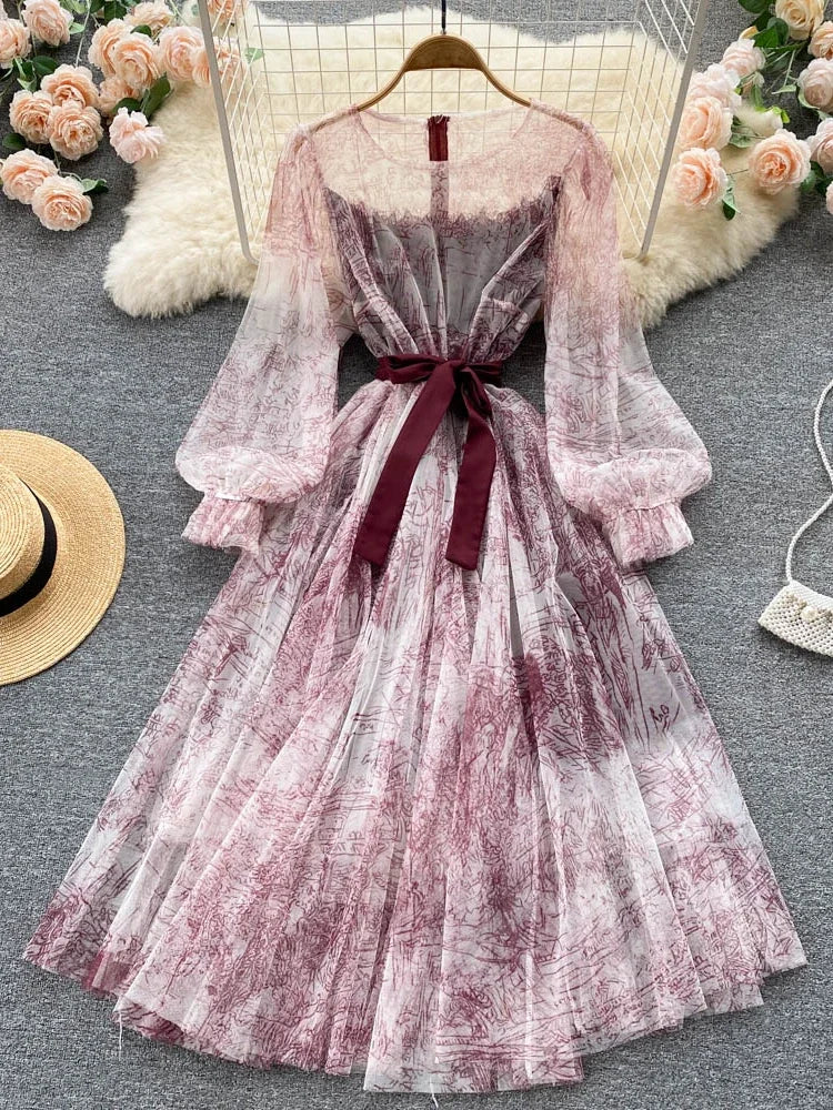 Robe en Maille Élégante pour Femme, Vintage, Manches Lanternes, Imprimée, Soirée, Patchwork, Ligne A, Bandage, Plage, Printemps Été