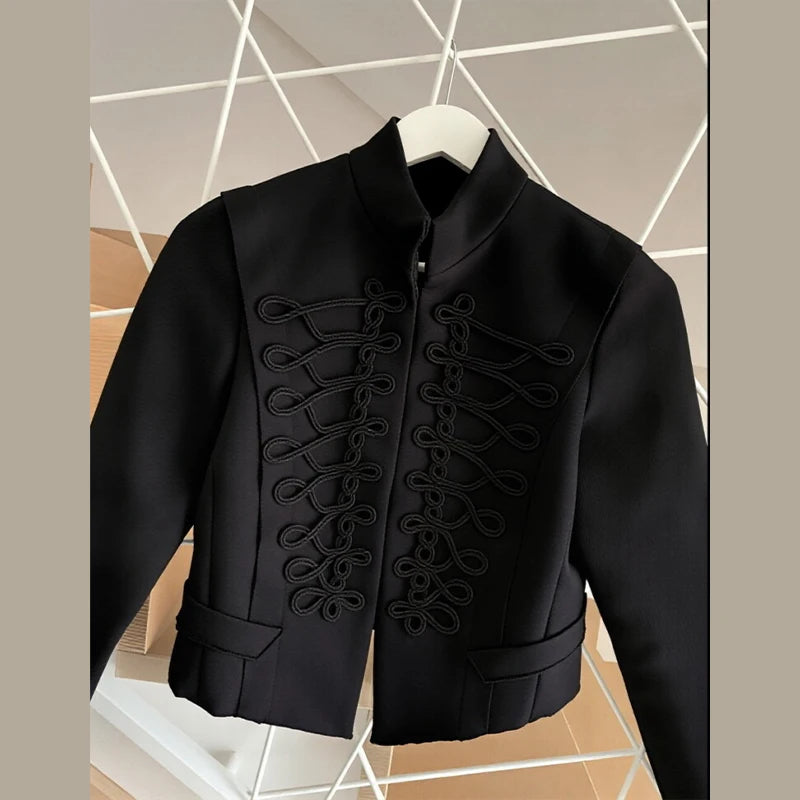 Veste élégante en Satin à boutons grenouille pour femme, col montant, manches longues, Slim, décontractée, manteau de fête de rue, hauts de bureau, printemps 2026