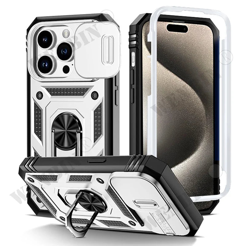 Coque pour iPhone 17 16 16e 15 14 13 12 11 Pro Max Plus Mini XS XR 8 Plus 8 7 SE robuste avec caméra, housse de béquille à 360 degrés