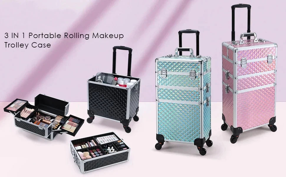 Trousse de maquillage roulante 3 en 1, trousse de maquillage amovible, étui de cosmétologie sur roulettes, chariot de maquillage verrouillable de grande capacité pour Salon