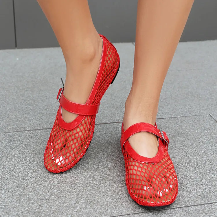 LeShion de Chanmeb marque maille Net ballerines chaussures pour femmes sangle boucle respirant Cool printemps été INS ballerine chaussures 43