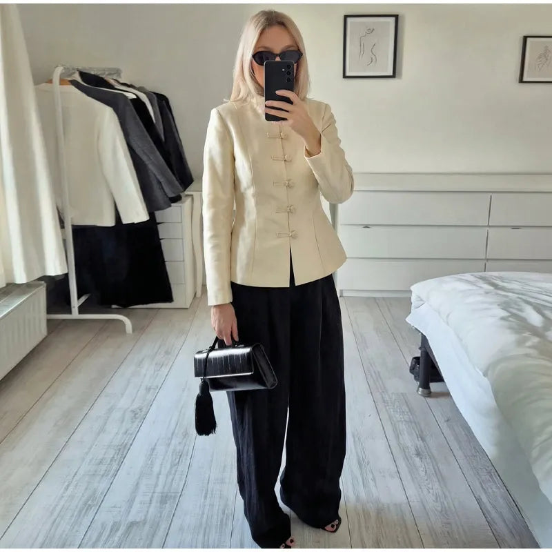 Veste élégante en Satin à boutons grenouille pour femme, col montant, manches longues, Slim, décontractée, manteau de fête de rue, hauts de bureau, printemps 2026