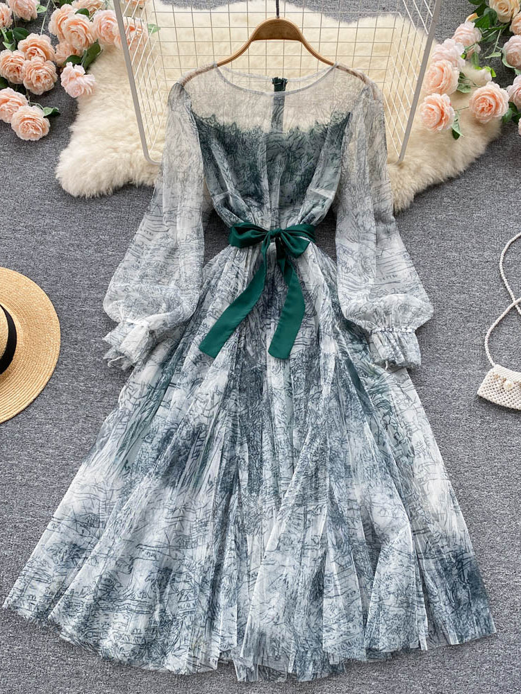 Robe en Maille Élégante pour Femme, Vintage, Manches Lanternes, Imprimée, Soirée, Patchwork, Ligne A, Bandage, Plage, Printemps Été