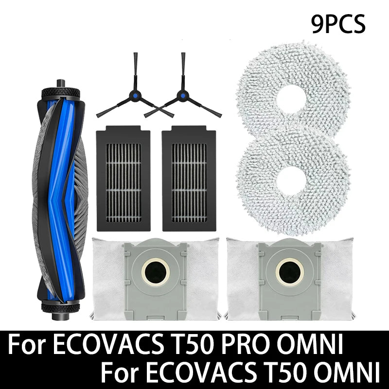 Accessoires pour ECOVACS T50 PRO OMNI / T50 OMNI : brosses latérales principales, chiffons de nettoyage, filtres HEPA, sacs à poussière, pièces détachées pour robot aspirateur
