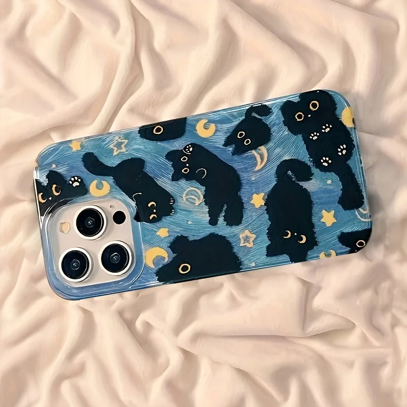 Coque de téléphone pour iPhone 17 Pro Max 16E 16 15 14 13 12 11 XS X XR 7 8 Plus SE2 Air Moon Stars et chats noirs, housse en Silicone