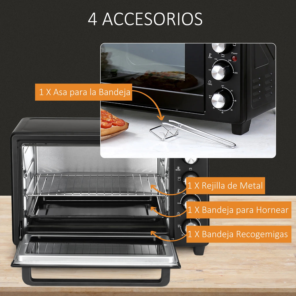 HOMCOM Horno Eléctrico de Sobremesa 32L 1600W con 3 Modos de Calor Temporizador y Temperatura Réglable 52,2x38,1x33,5 cm Noir