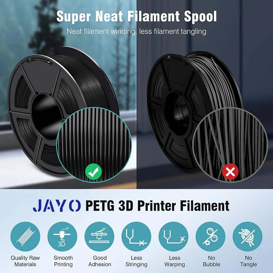 JAYO-Filament PETG pour imprimante 3D FDM, matériel d'impression 3D soigneusement enroulé, 2 rouleaux, 1.75mm, 2.2kg par ensemble