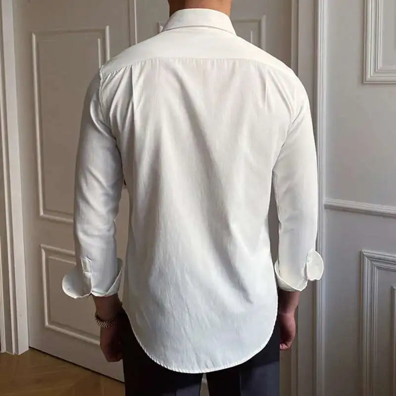 Printemps loisirs britannique affaires chemise Design britannique hommes col Cuba mince solide chemise blanche Camisa Social Masculina hommes chemise