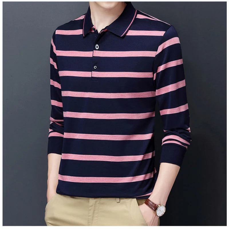 Polos rayés à manches longues pour hommes, Streetwear décontracté, Vêtements d'affaires, Mode coréenne, Polyvalent, Nouveau, Automne, Printemps