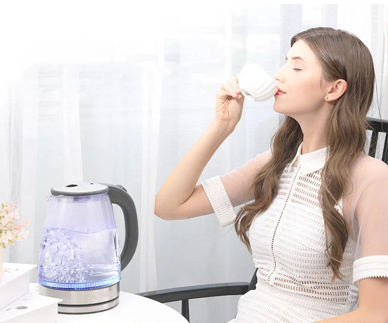 Bouilloire électrique en verre de 2 L - Théière sans fil en borosilicate avec base chauffante, chauffe-eau, indicateur LED, arrêt automatique