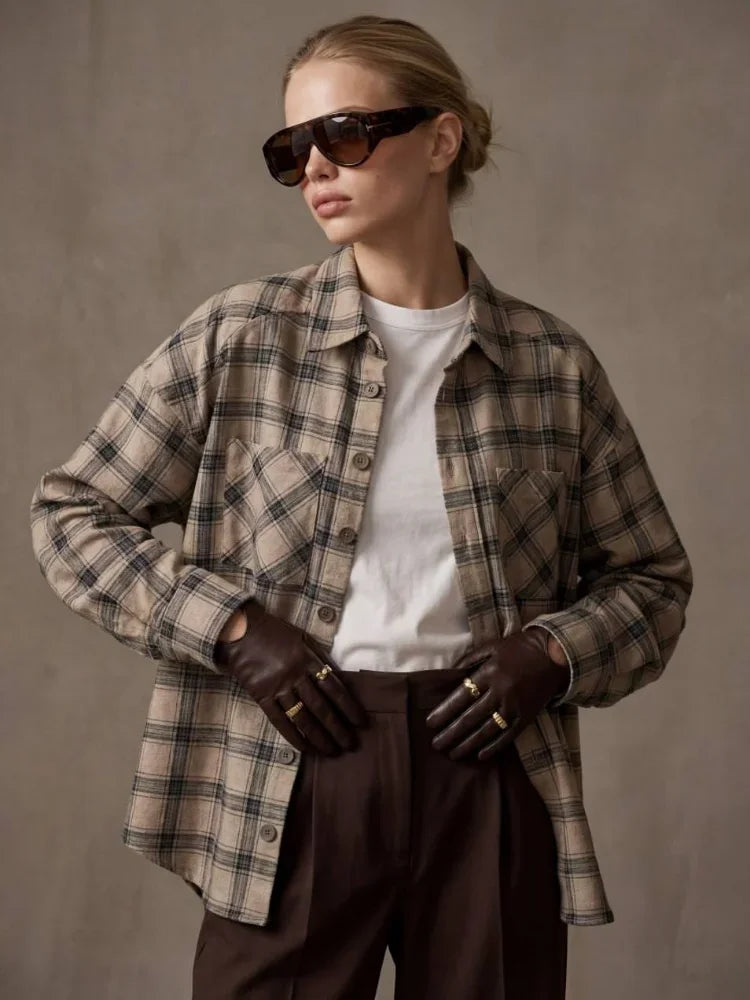 Chemise à carreaux à simple boutonnage pour femmes, bloc de couleurs, mode Chic, Vintage, revers, manches longues, poches, printemps 2026, hauts d'intérieur