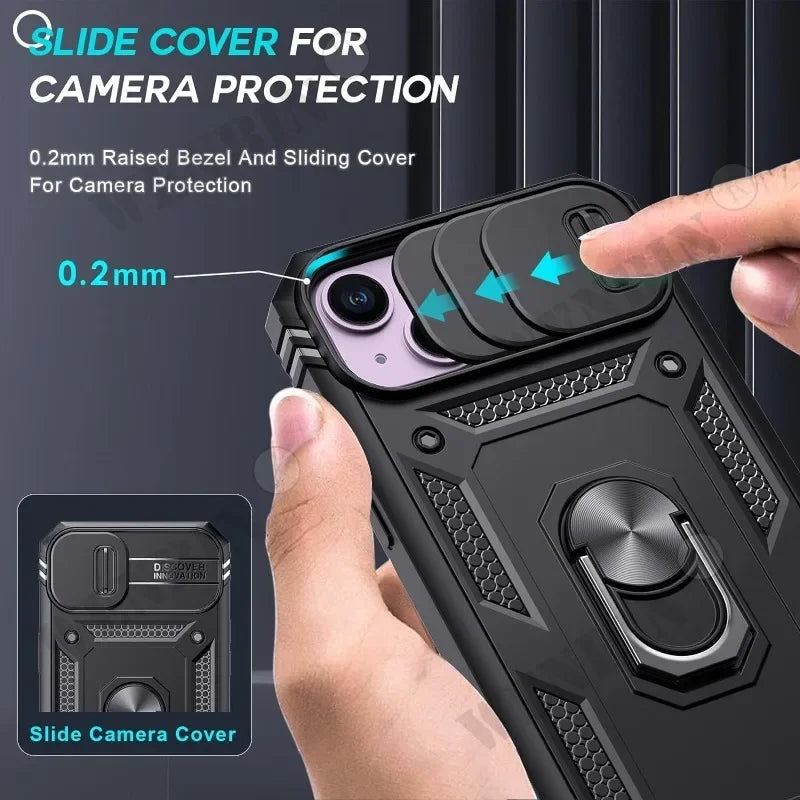 Coque pour iPhone 17 16 16e 15 14 13 12 11 Pro Max Plus Mini XS XR 8 Plus 8 7 SE robuste avec caméra, housse de béquille à 360 degrés