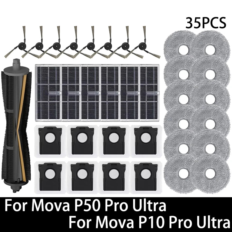 Pièces détachées pour robot aspirateur Mova P50 Pro Ultra / Mova P10 Pro Ultra : brosse principale, brosse latérale, filtre HEPA, chiffon de nettoyage, sac à poussière, accessoires