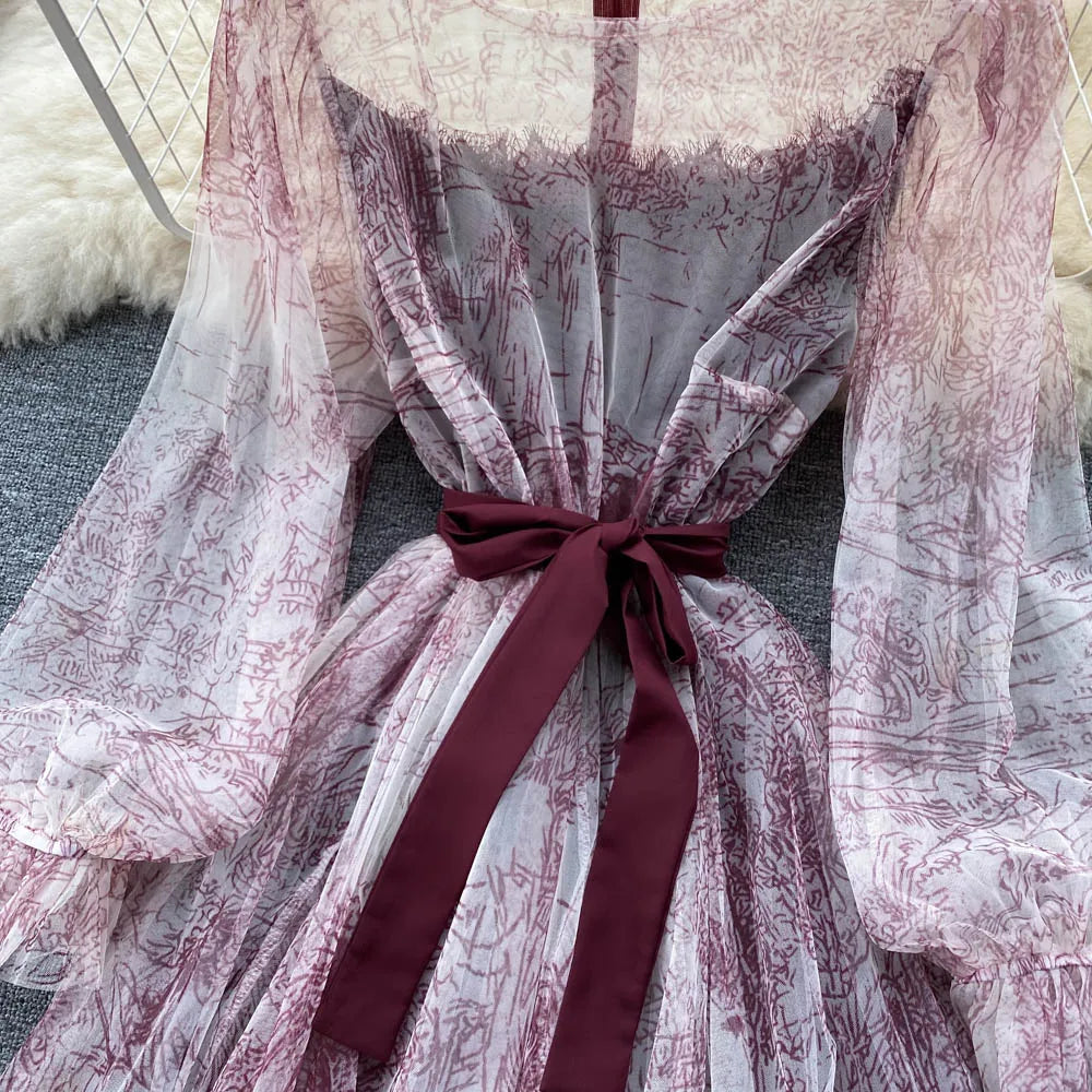 Robe en Maille Élégante pour Femme, Vintage, Manches Lanternes, Imprimée, Soirée, Patchwork, Ligne A, Bandage, Plage, Printemps Été