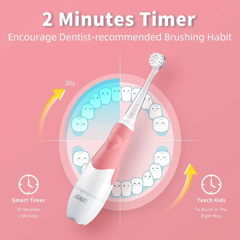 SEAGO Brosses à dents électriques pour bébés âgés de 0 à 3 ans Brosse à dents pour bébé avec minuterie intelligente Brosse douce pour bébé avec 8 recharges