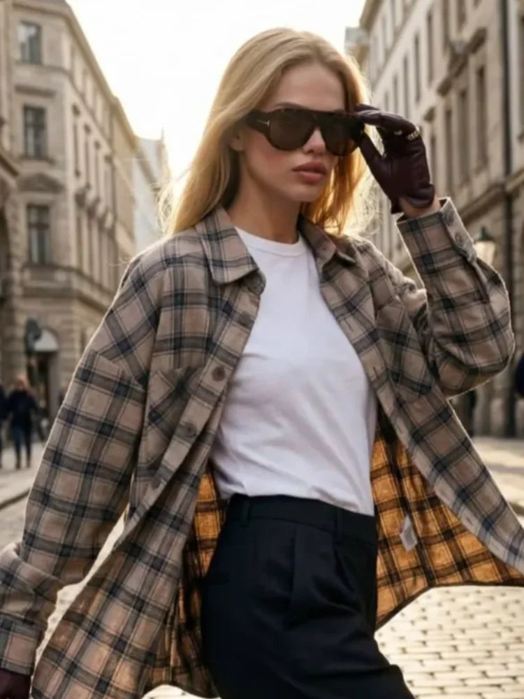 Chemise à carreaux à simple boutonnage pour femmes, bloc de couleurs, mode Chic, Vintage, revers, manches longues, poches, printemps 2026, hauts d'intérieur