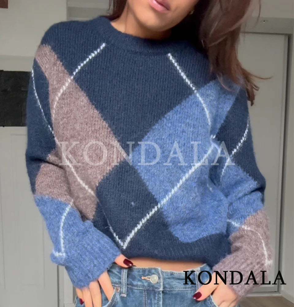 Pull tendance décontracté KONDALA pour femme, pull élégant en tricot losanges, mode printemps 2026, vacances, chic, pull féminin