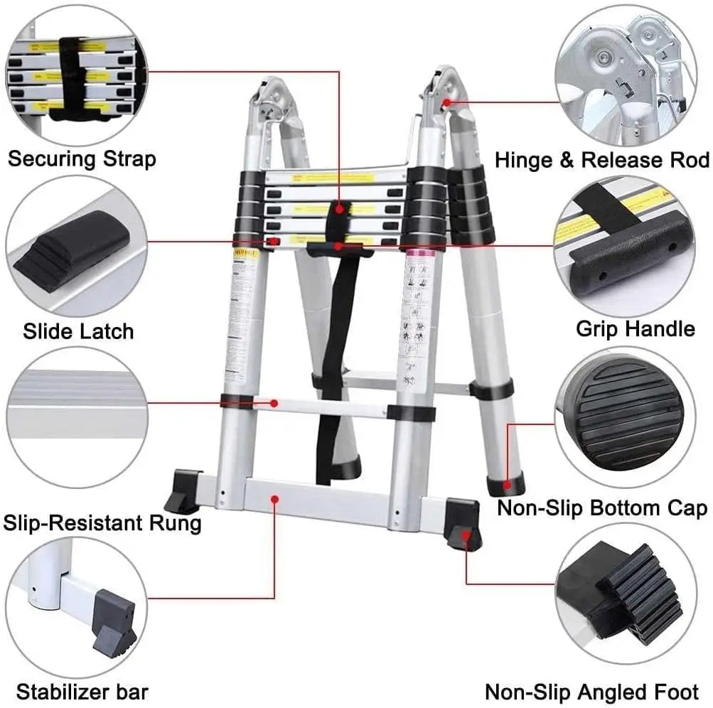 Échelle A cadre échelle télescopique 3.8m échelle d'extension télescopique en aluminium multi-usages avec barre stabilisatrice pour la maison, EN131