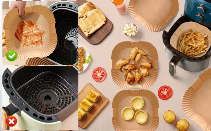 Doublures antiadhésives pour friteuse à Air, 100 pièces, papier parchemin étanche à l'huile, cuisson, rôtissage au micro-ondes, accessoires pour friteuse à Air prédécoupée