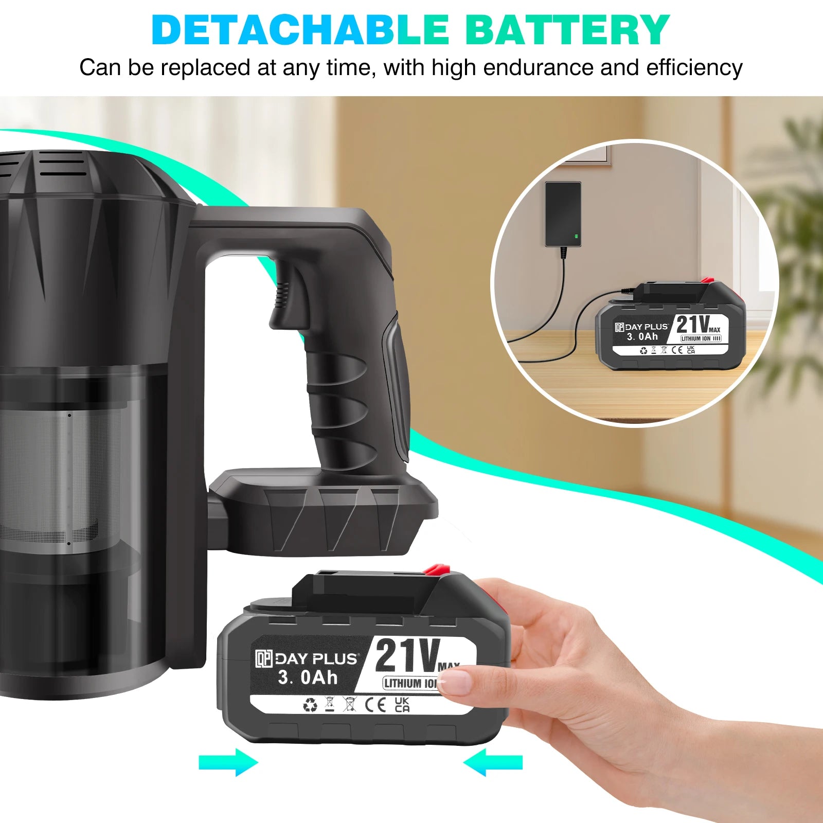 Aspirateur à manche vertical sans fil DayPlus, aspirateur à main sans fil 3 en 1 130000 RPM sans balais pour tapis, sol dur