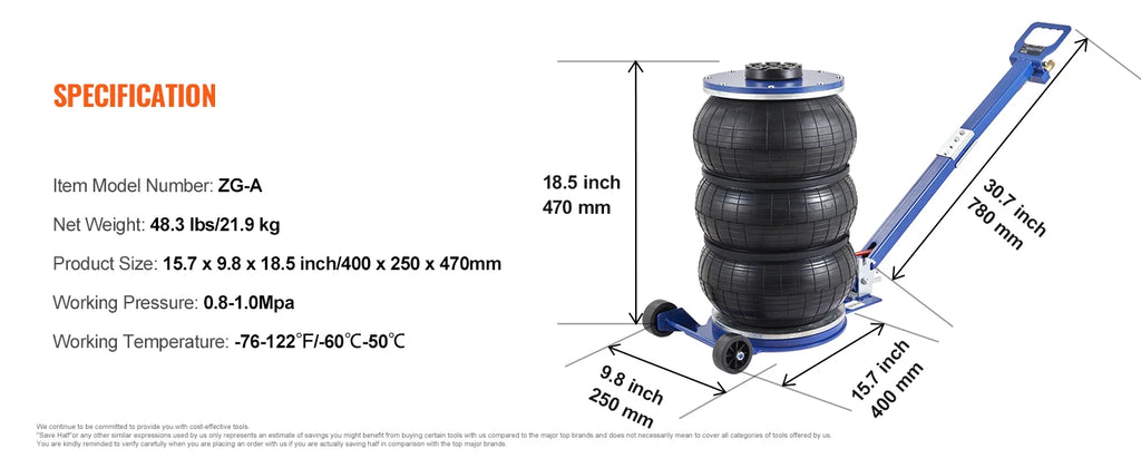 SucceBuy Cric pneumatique 3 tonnes/5 tonnes Triple sac Cric pneumatique Ascenseur rapide Crics de réparation de voiture robustes Crics à tige pliante avec deux roues