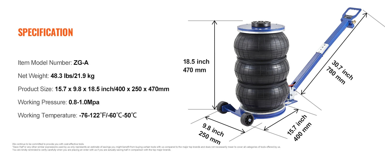 SucceBuy Cric pneumatique 3 tonnes/5 tonnes Triple sac Cric pneumatique Ascenseur rapide Crics de réparation de voiture robustes Crics à tige pliante avec deux roues
