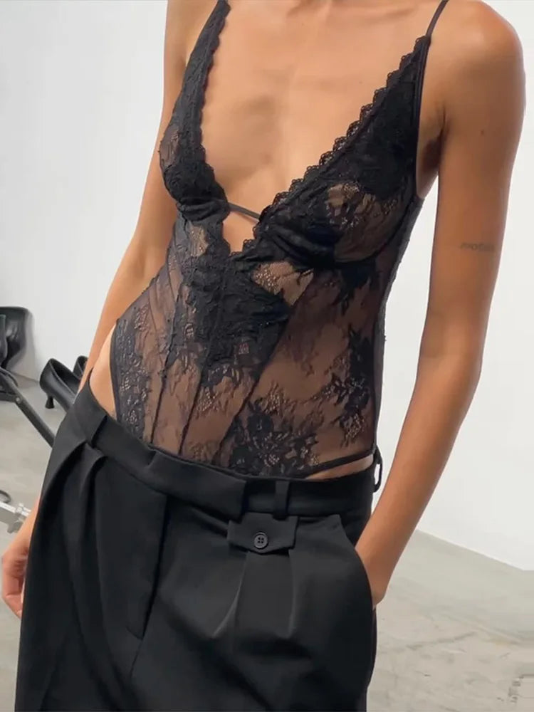 Body en dentelle patchwork ajouré transparent pour femme, décolleté plongeant, tenue de soirée sexy printemps, clubwear pour femmes