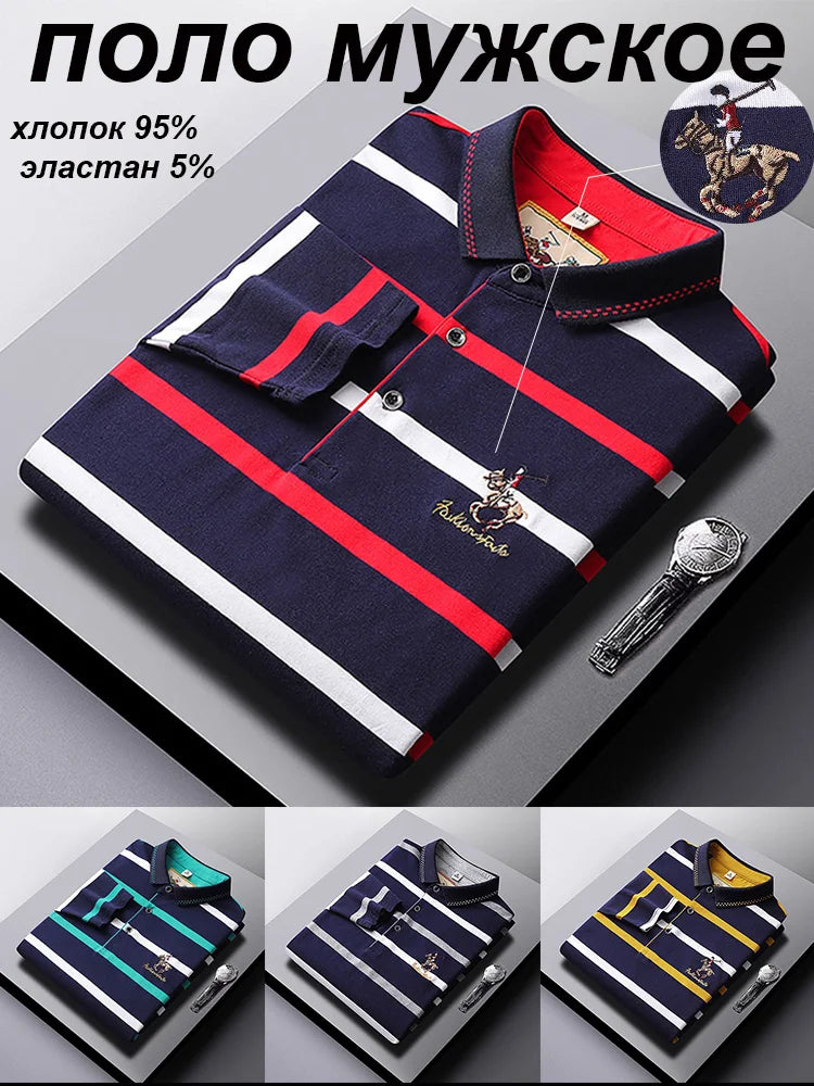 Polo à manches longues brodé en coton pour hommes, t-shirt à rayures, mode décontractée, t-shirt d'affaires, printemps, automne