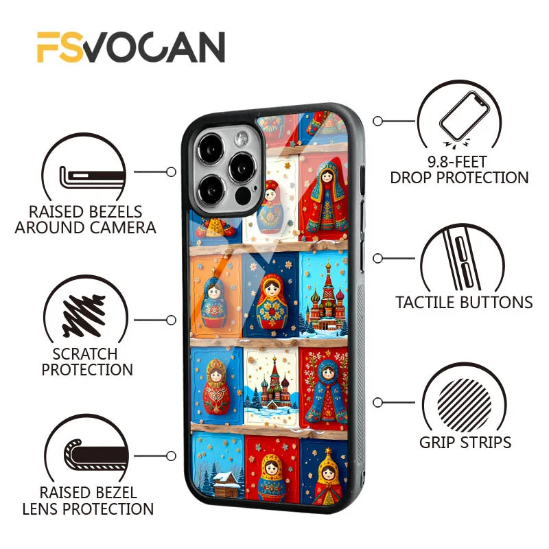 Allure russe pour iPhone 17 16 15 14 13 12 11 18 Pro Max, un ours ludique, dôme orné et poupées Matryoshka en fusion artistique