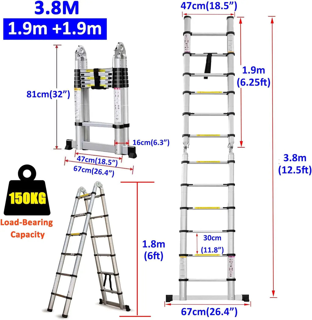 Échelle A cadre échelle télescopique 3.8m échelle d'extension télescopique en aluminium multi-usages avec barre stabilisatrice pour la maison, EN131