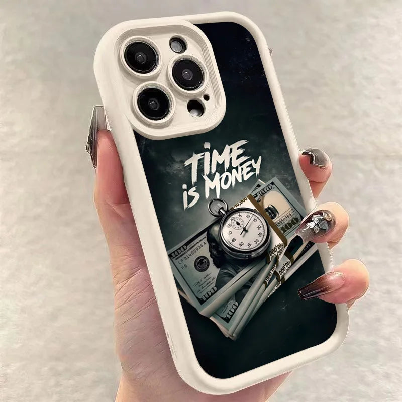 Coque de téléphone pour iPhone 17 16 15 14 12 11 13 Pro Max l'heure est l'argent couverture souple imprimée pour iPhone 17 Air 16E 7 8 Plus X XS