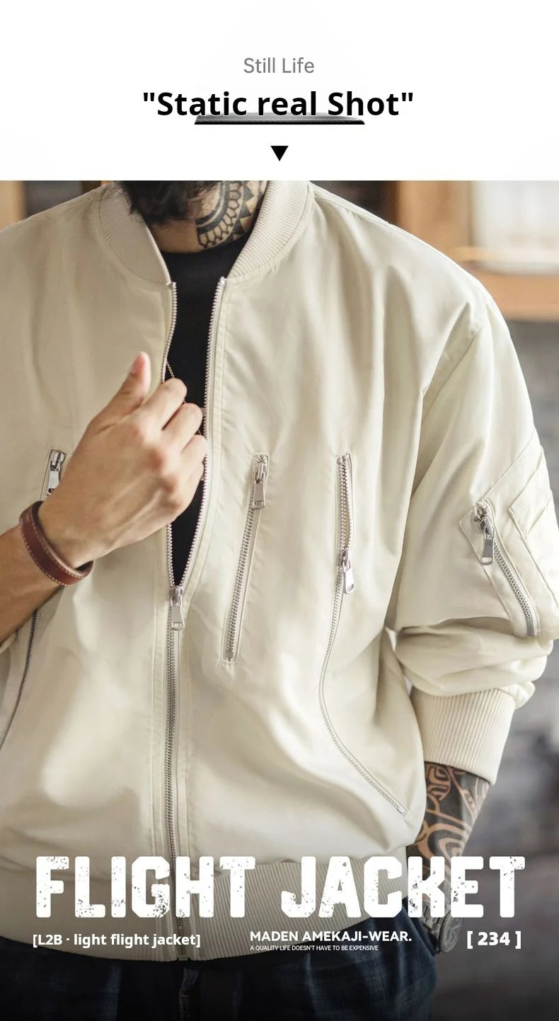 Maden – veste de pilote Vintage L2B pour hommes, blanche, légère, bombardier de vol, courte, fermeture éclair, manteau de Baseball décontracté pour printemps et automne