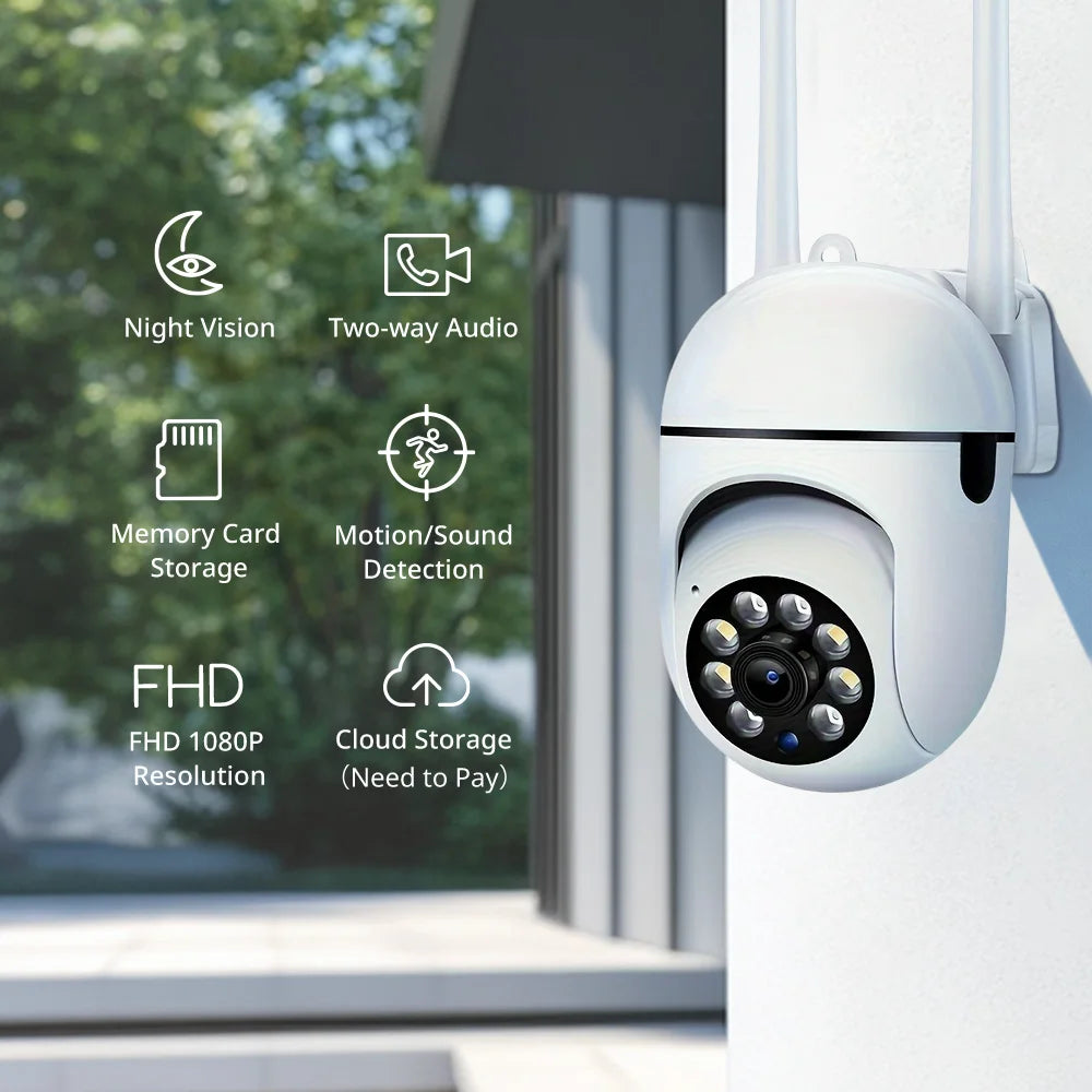 Caméra de sécurité WiFi intérieure/extérieure sans fil 1080P HD, 2 pièces, Vision nocturne couleur, Audio bidirectionnel, 360 °   Panoramique/inclinaison/Zoom, Mo