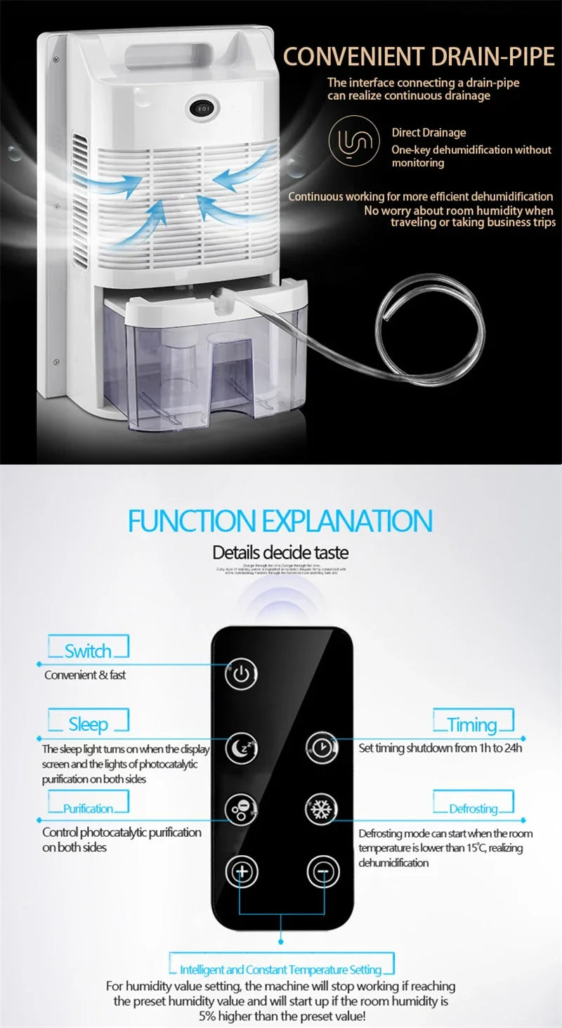 Déshumidificateur et purificateur d'air 2 en 1, absorbeur d'humidité, silencieux, pour chambre à coucher, sous-sol, télécommande, synchronisation, tuyau d'eau externe
