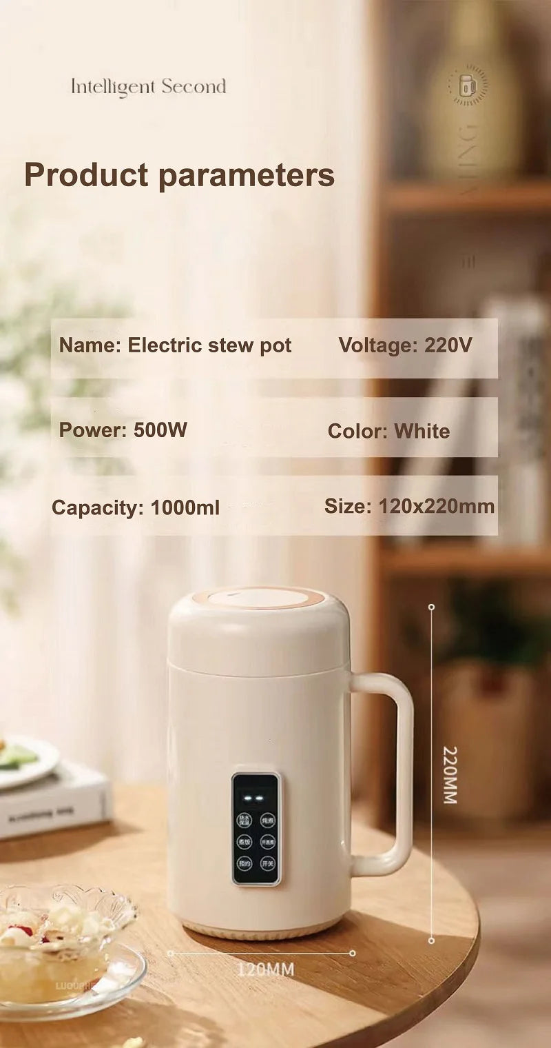 Bouilloire électrique 500W 12h, Pot spécial pour bouillie de rendez-vous, tasse de santé Portable en acier inoxydable 304, cuiseur à riz multifonctionnel 1L