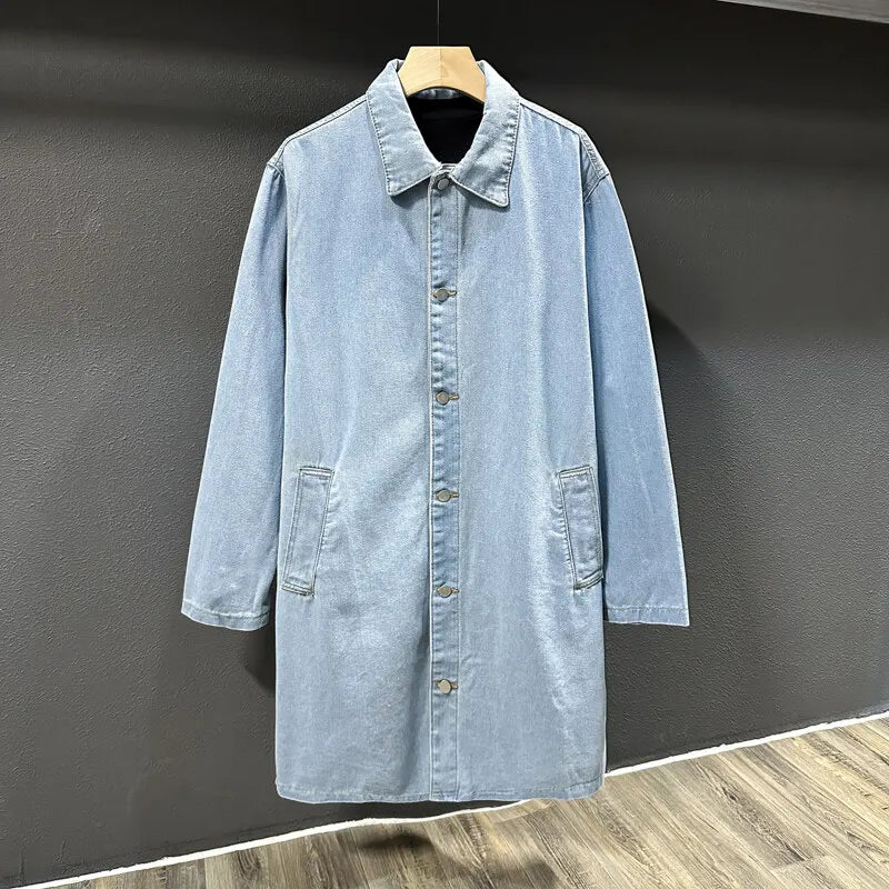 Nouveau printemps automne mode Denim Trench hommes coupe-vent décontracté manteau couleur unie Long hommes col rabattu vestes d'extérieur homme