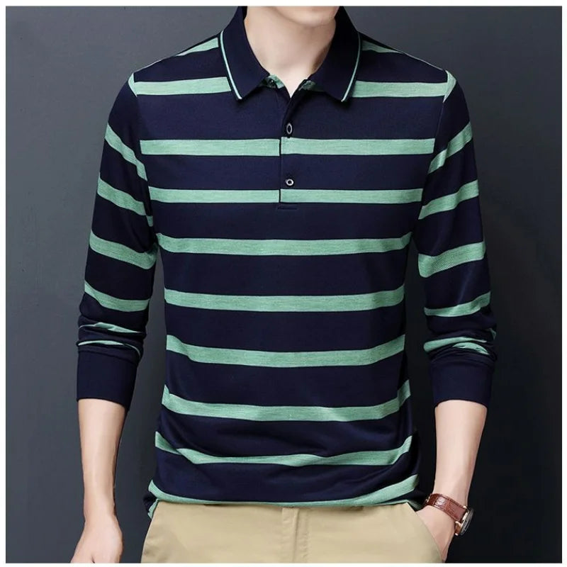 Polos rayés à manches longues pour hommes, Streetwear décontracté, Vêtements d'affaires, Mode coréenne, Polyvalent, Nouveau, Automne, Printemps